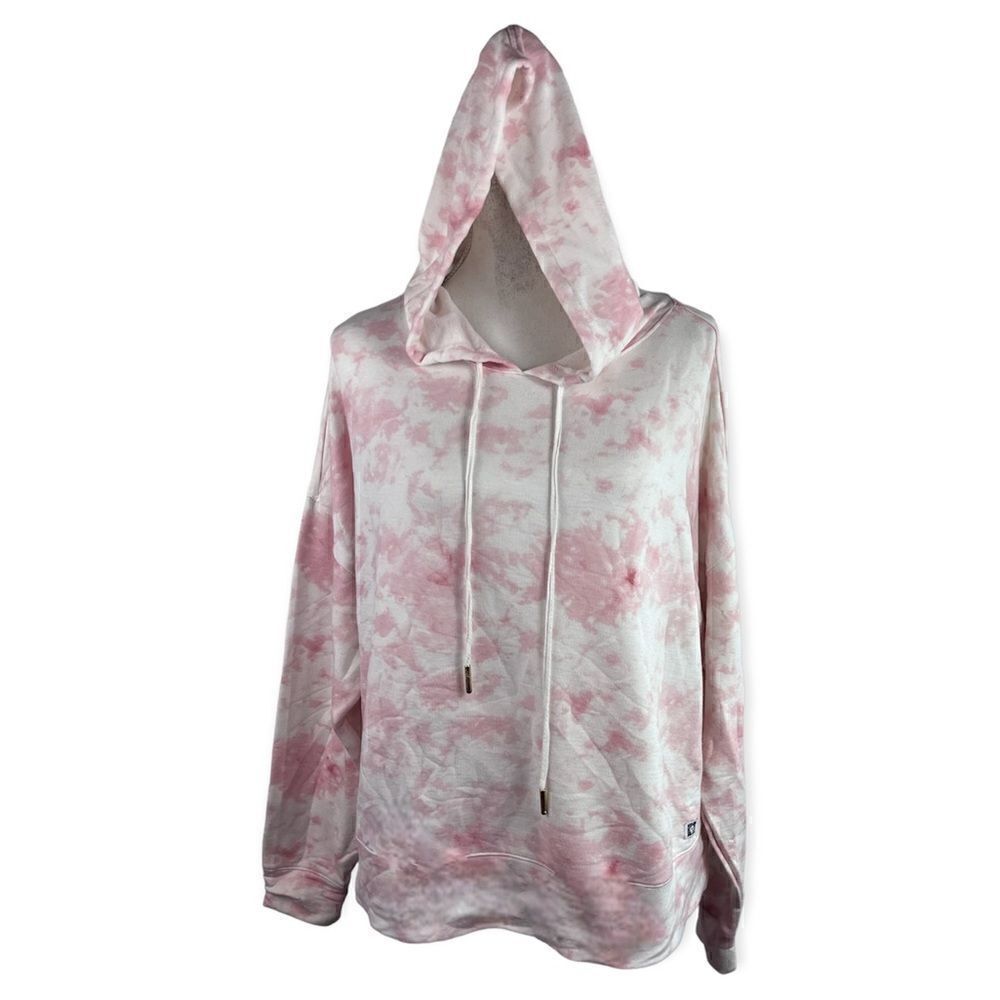 ANNE KLEIN SPORT TIE DYE PULLOVER DRAWSTRING OVERSIZED BOXY STRETCHY HOODIE L